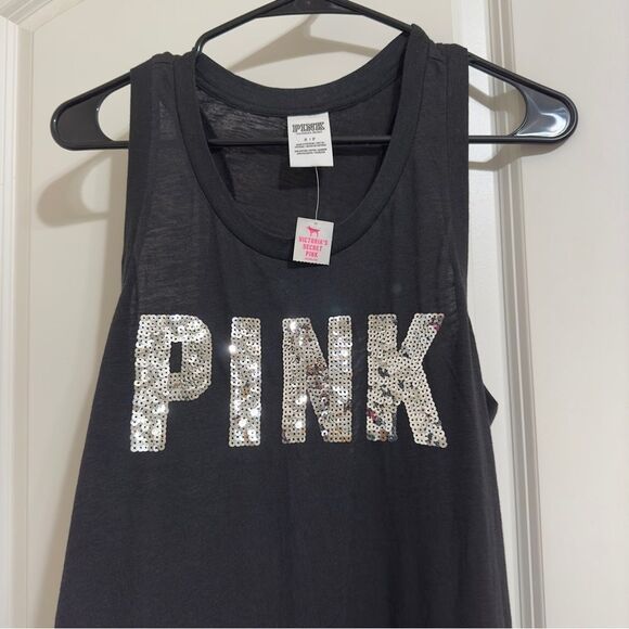 NWT VICTORIA’S SECRET PINK LOGO SEQUIN RACERBACK TROPICAL PRINT‎ TANK TOP SMALL - Picture 3 of 10